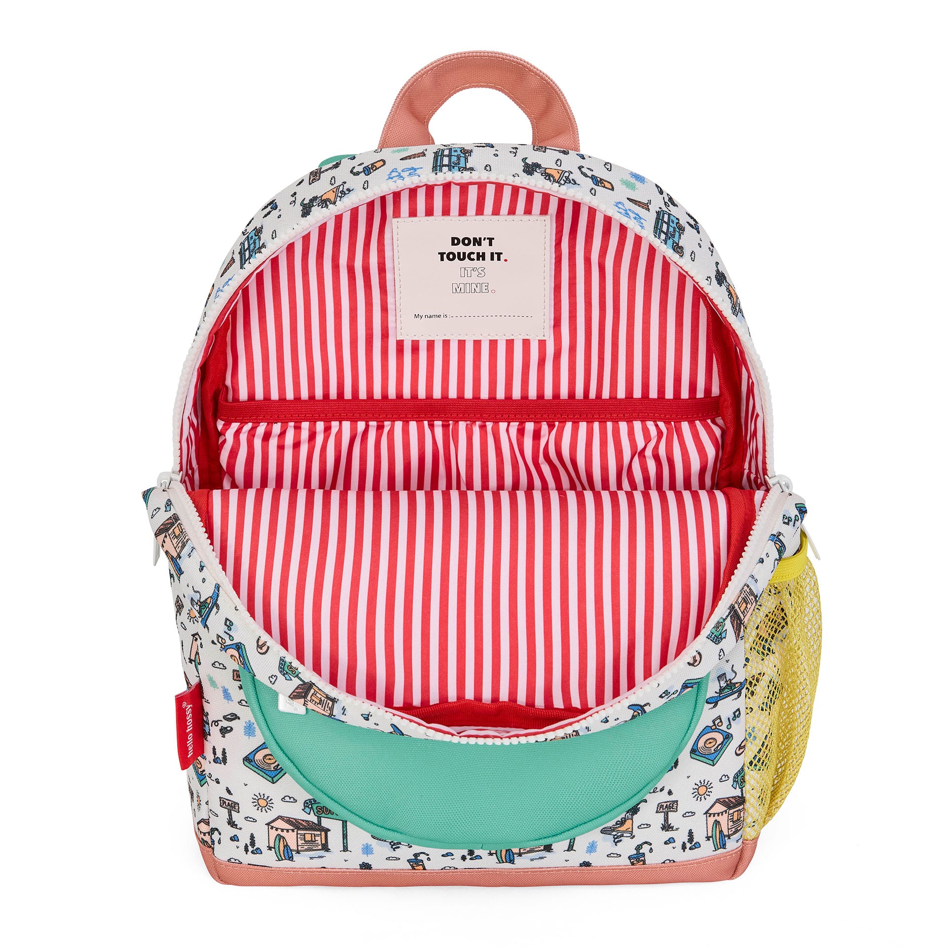 Zaino da bambino bianco con stampa viaggio, tasca in rete gialla Hello Hossy