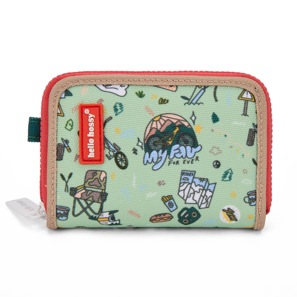 Portamonete bambino verde con motivo viaggio e bicicletta, bordino beige Hello Hossy