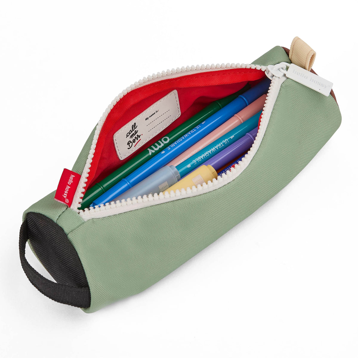 Astuccio scolastico bambino verde interno rosso cerniera bianca manico nero Hello Hossy