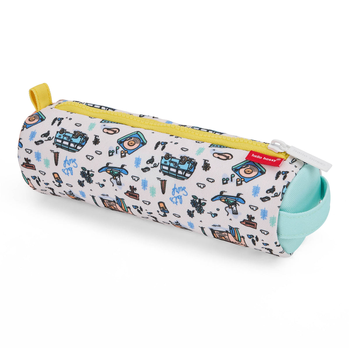 Astuccio scolastico bambino bianco con motivi viaggio, zip gialla, dettaglio blu Hello Hossy
