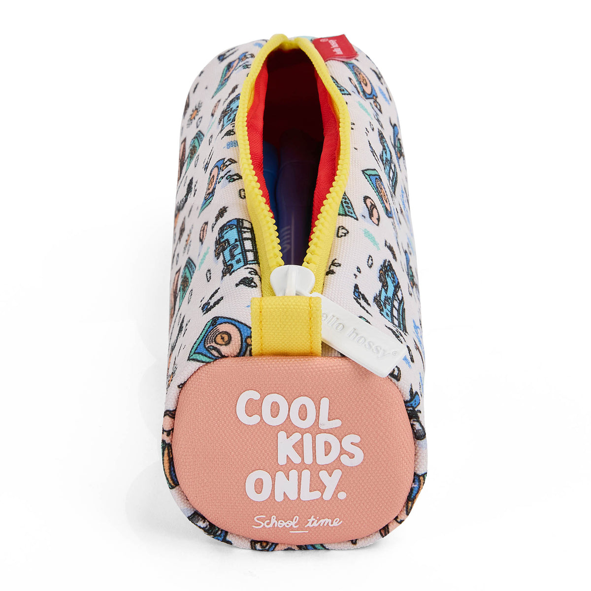 Astuccio scolastico per bambini bianco, motivo viaggio, zip gialla, scritta Cool Kids Only Hello Hossy
