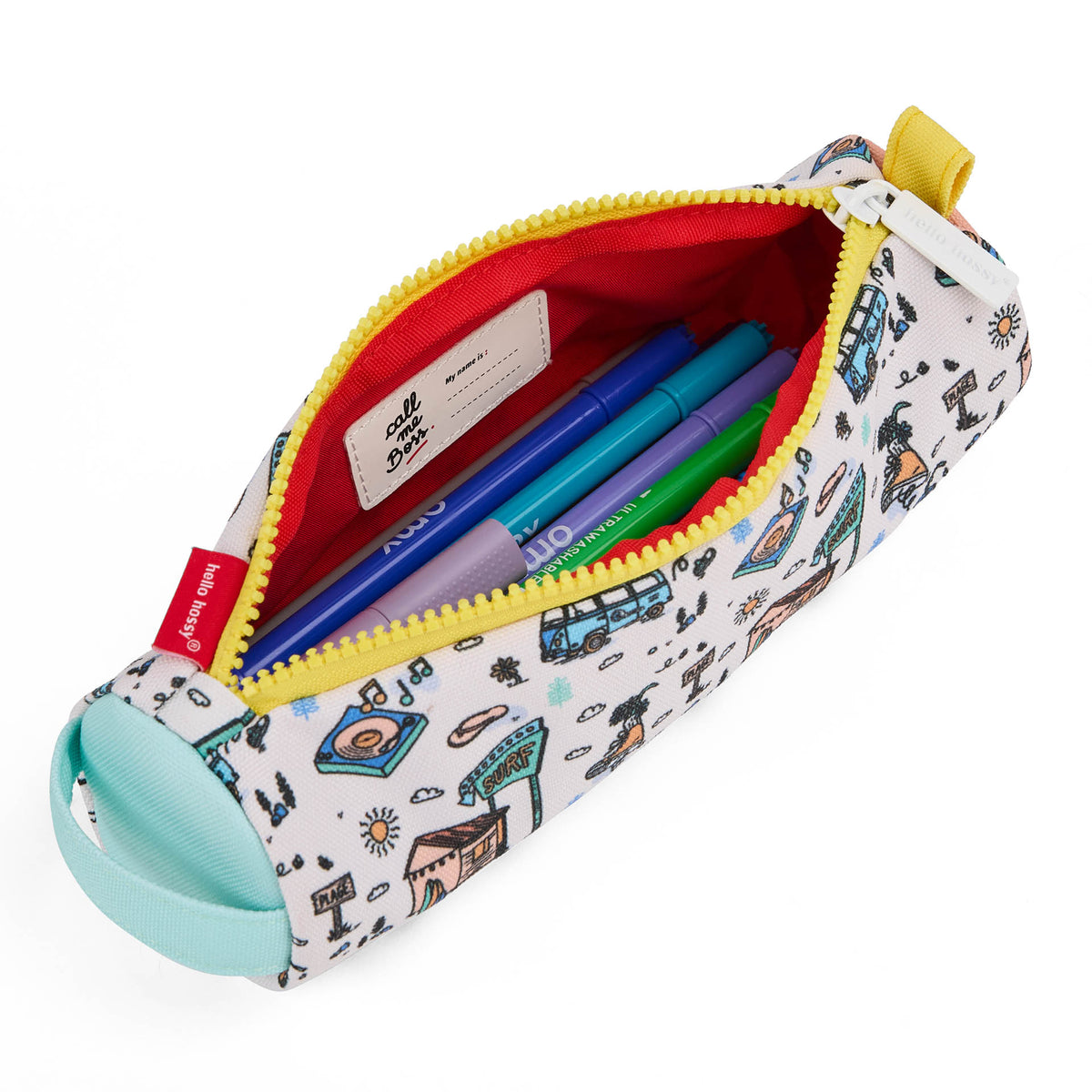 Astuccio scolastico bambino bianco con stampa viaggio, zip gialla e interno rosso Hello Hossy