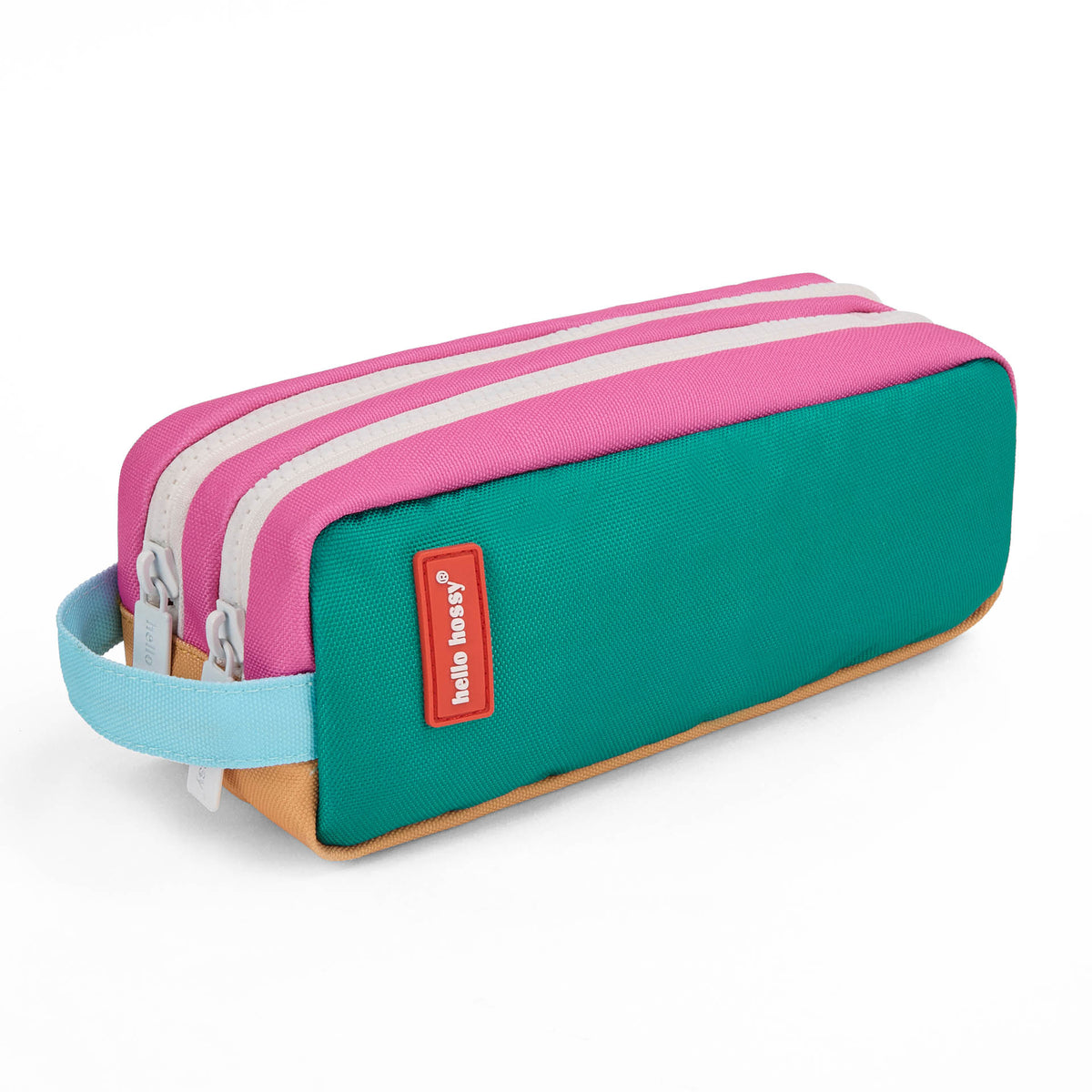 Astuccio scolastico per bambini verde e rosa, doppia zip, manico blu Hello Hossy