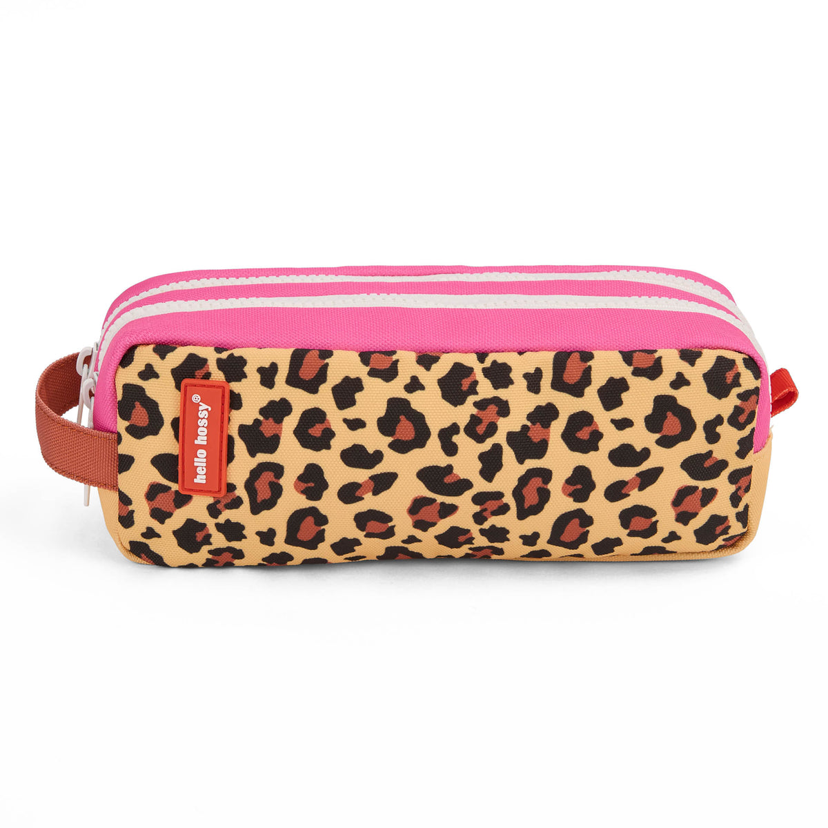 Astuccio scolastico per bambini Beige con motivo leopard, doppia zip rosa Hello Hossy