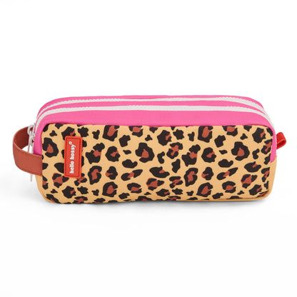 Astuccio scolastico per bambini Beige con motivo leopard, doppia zip rosa Hello Hossy