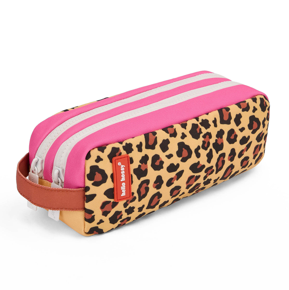 Astuccio scolastico da bambino beige con stampa leopard, doppia zip e dettaglio rosa Hello Hossy