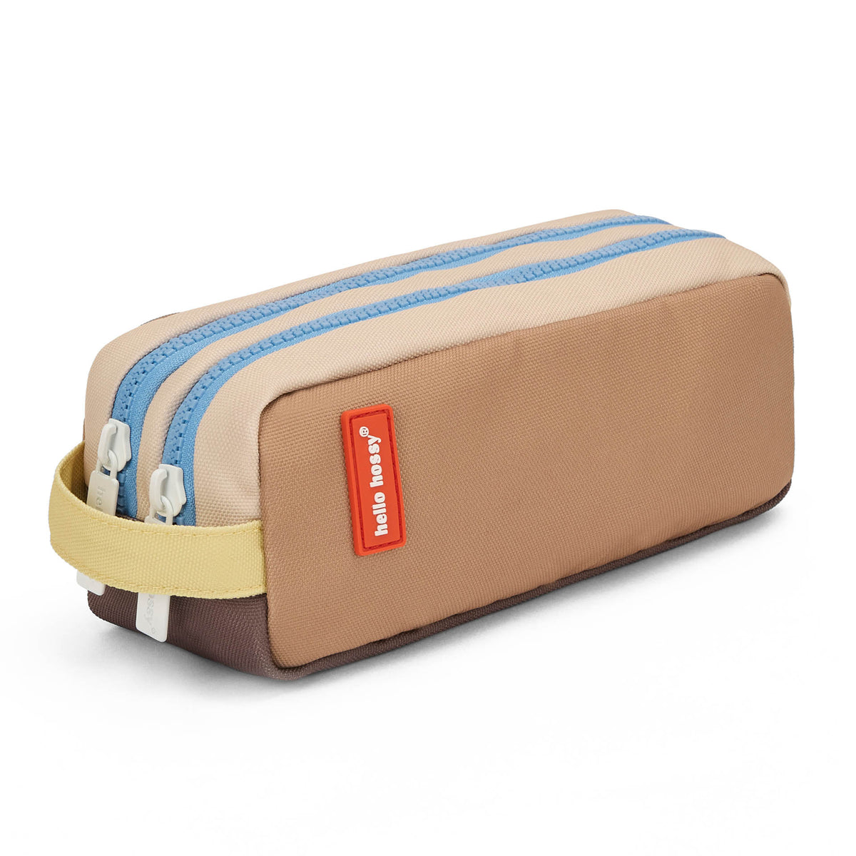 Astuccio scolastico per bambini marrone con doppia zip, maniglia gialla Hello Hossy