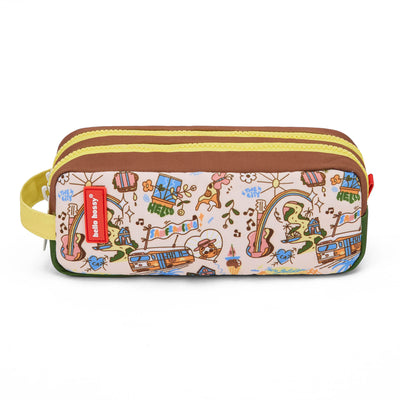 Astuccio scolastico bambino marrone crema motivo viaggio zip giallo Hello Hossy