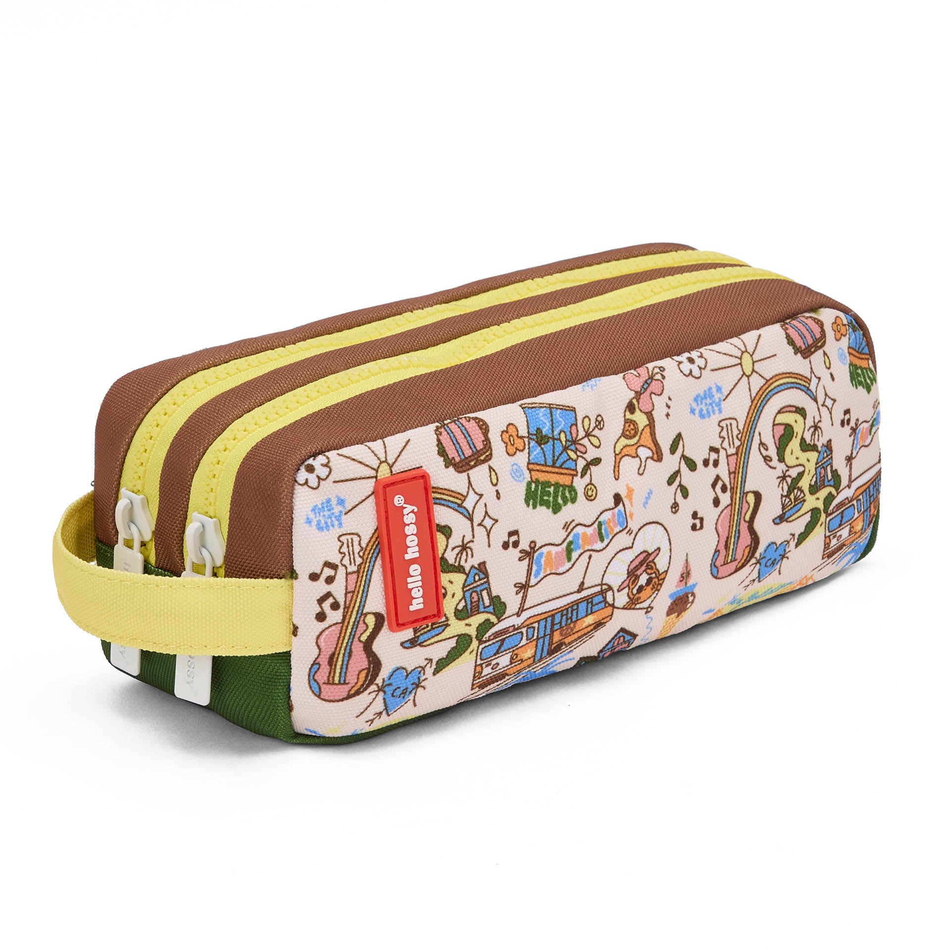 Astuccio scolastico bambino marrone crema motivo viaggio USA doppia zip Hello Hossy