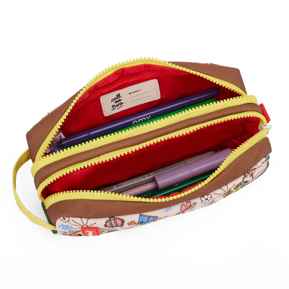 Astuccio scolastico bambino marrone crema motivi viaggio zip gialla Hello Hossy