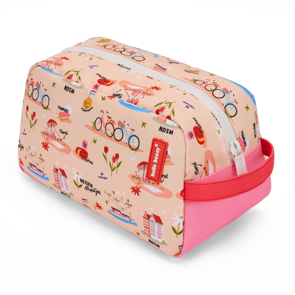 Beauty case per bambini rosa con motivo viaggio e bicicletta, manico rosa e rosso Hello Hossy