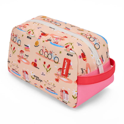 Beauty case per bambini rosa con motivo viaggio e bicicletta, manico rosa e rosso Hello Hossy