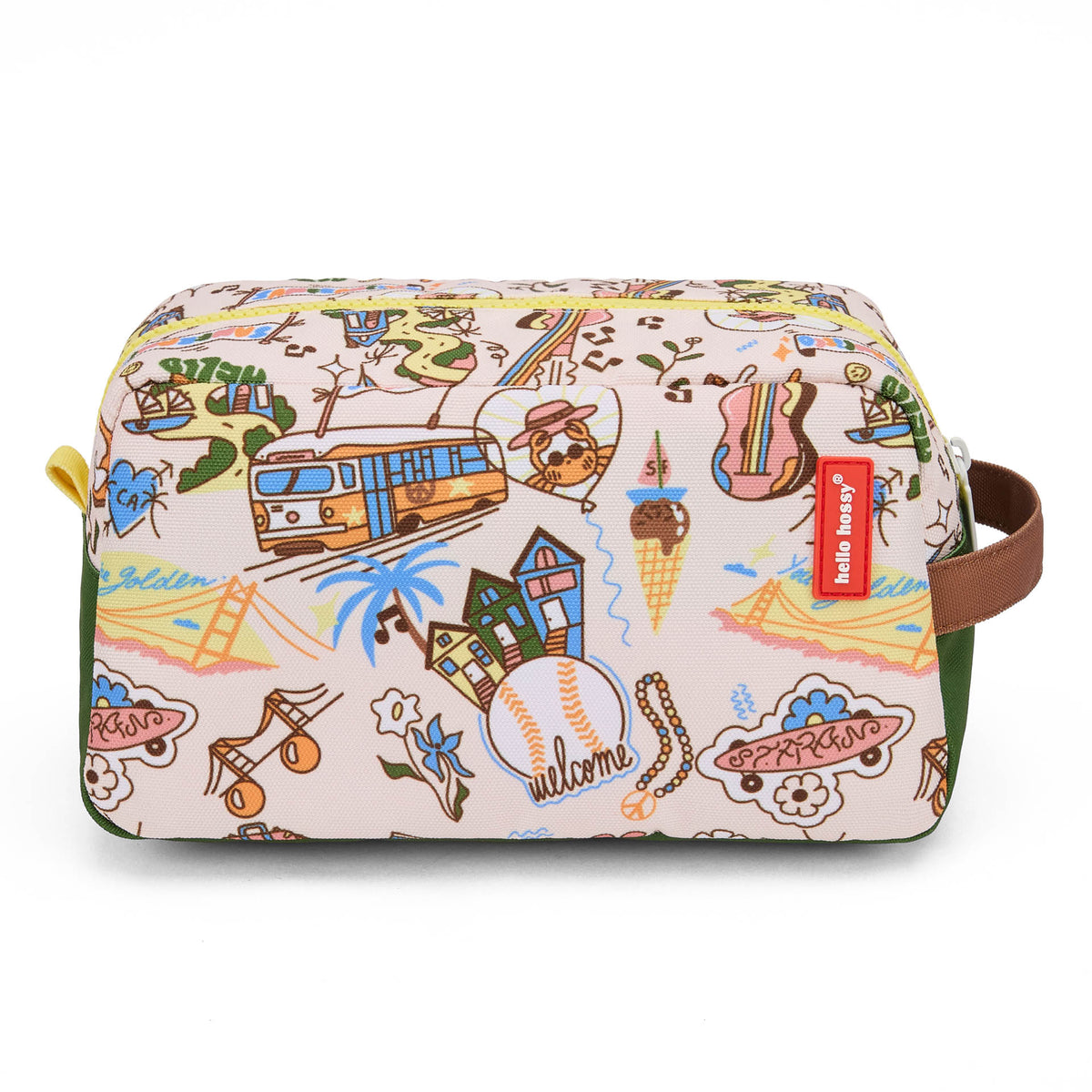 Beauty case bambino crema motivo viaggio USA etichetta rossa manico marrone Hello Hossy