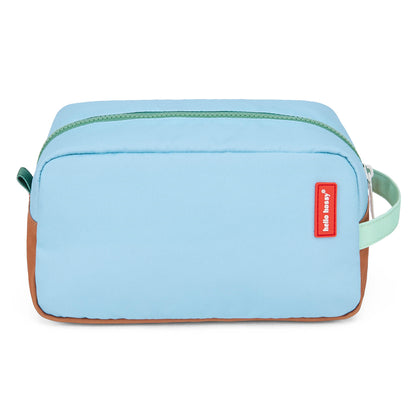 Beauty case per bambini blu, zip verde, bordo marrone, etichetta rossa Hello Hossy