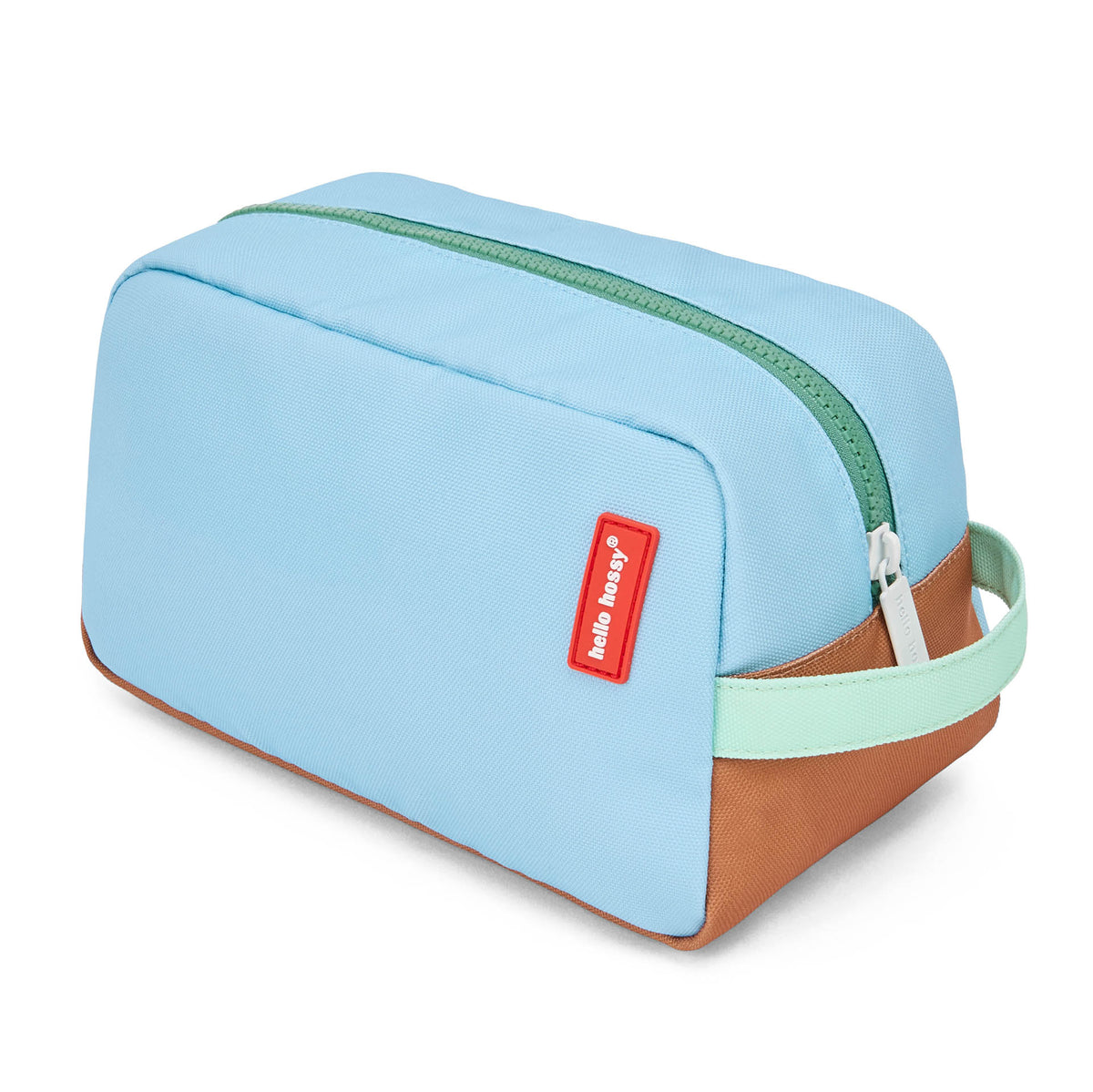 Beauty case bambino blu cerniera verde base marrone etichetta rossa Hello Hossy