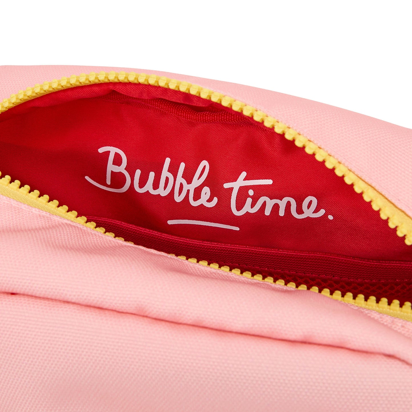 Beauty case bambino rosa, fodera rossa, chiusura gialla, scritta Bubble time Hello Hossy