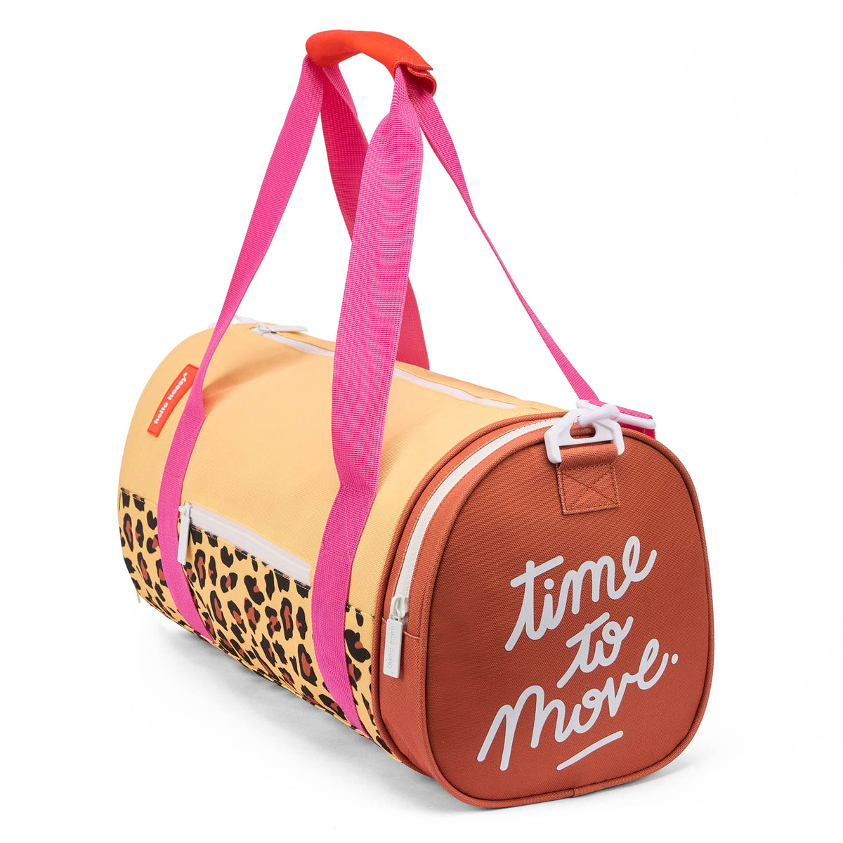 Borsa sportiva per bambini beige con stampa leopard, manici rosa, dettaglio arancione Hello Hossy