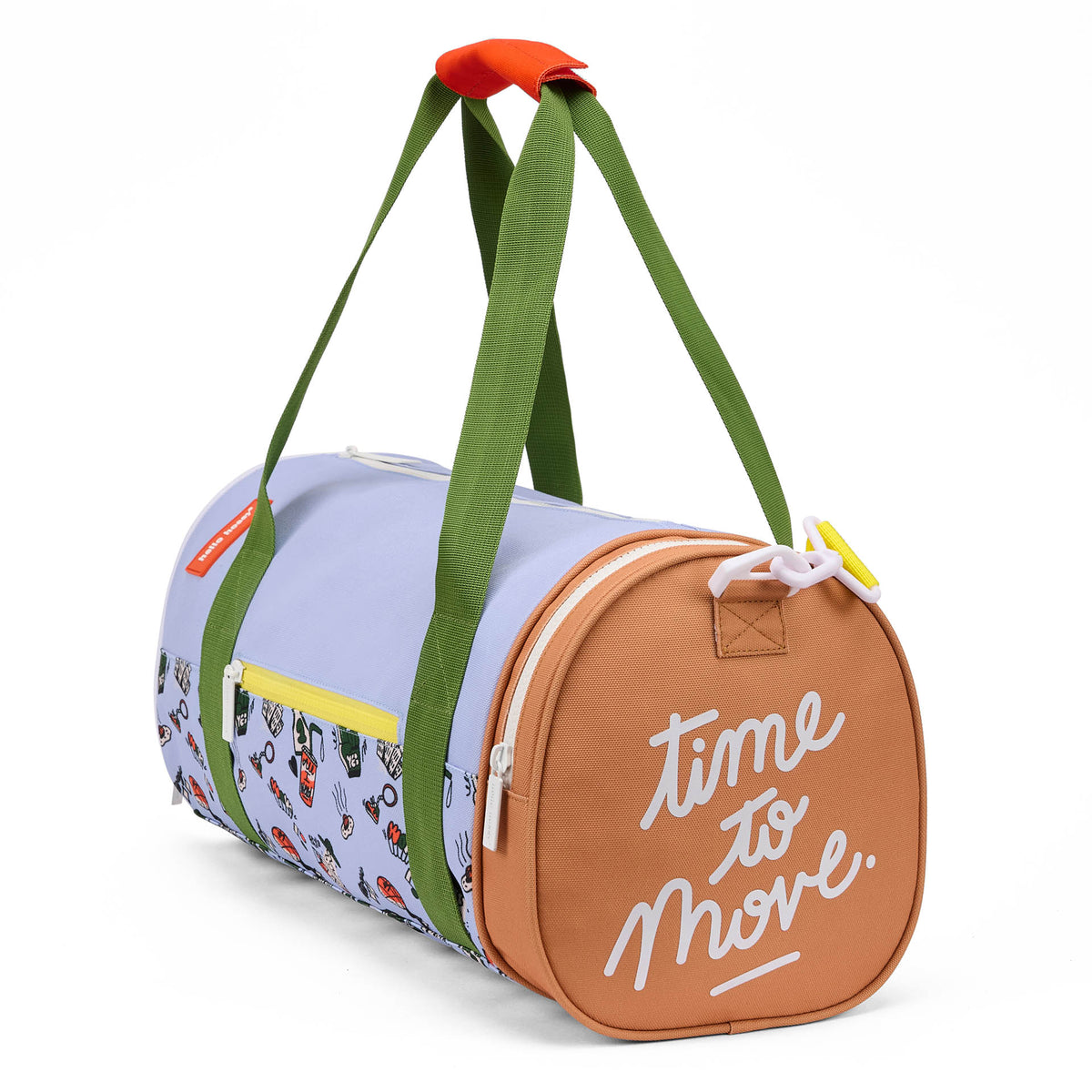 Borsa sportiva blu per bambini con stampa Sport, lato marrone, testo bianco Hello Hossy