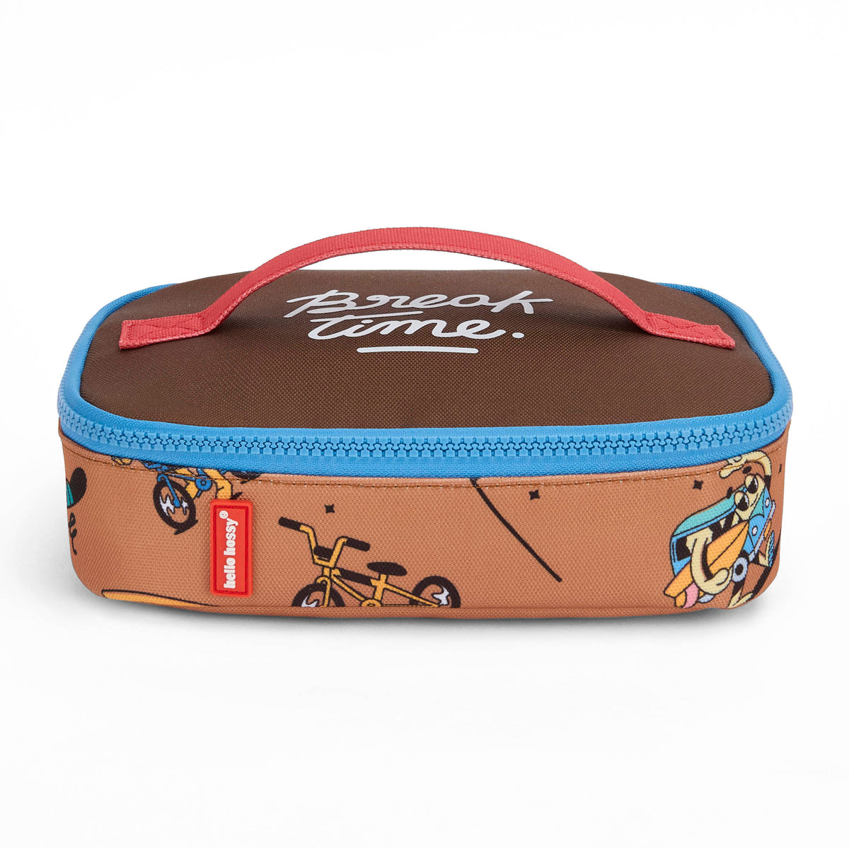 Borsa pranzo bambino marrone motivo Mascotte bicicletta zip blu Hello Hossy