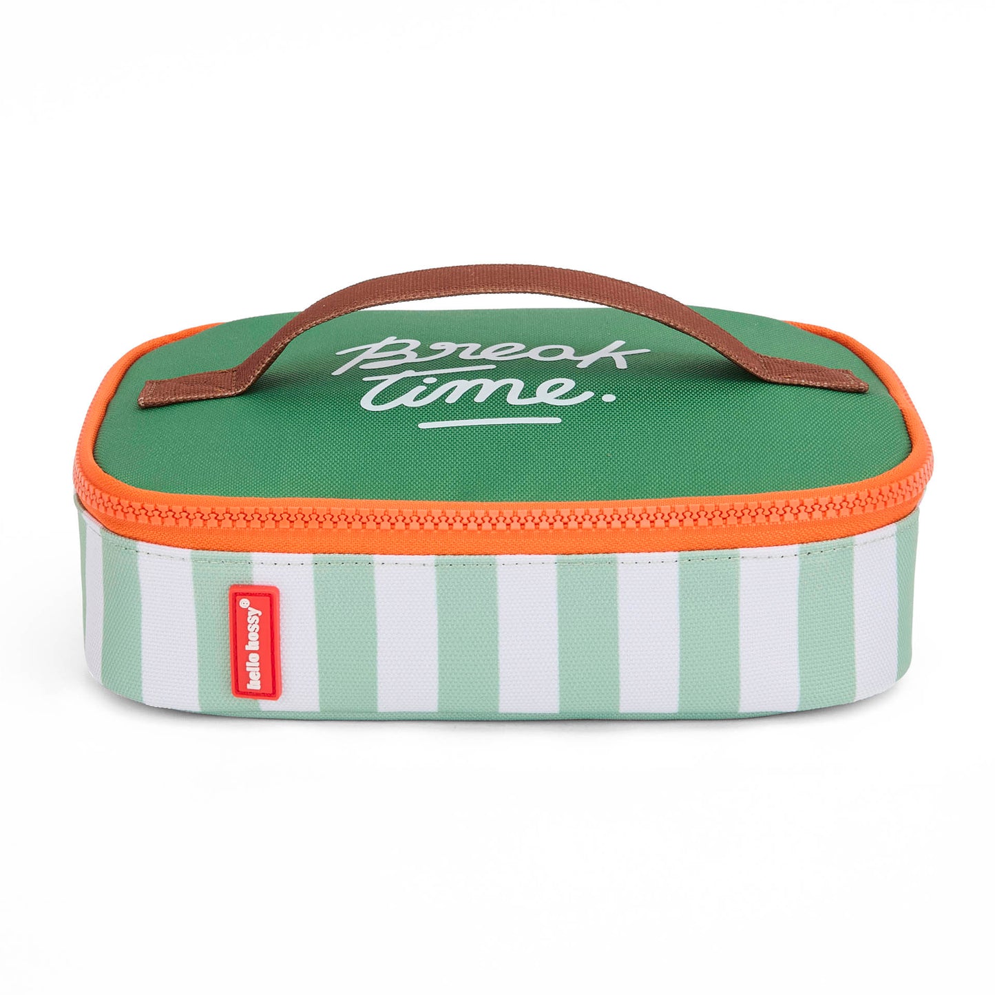 Borsa merenda bambino verde a righe, manico marrone, zip arancione Hello Hossy