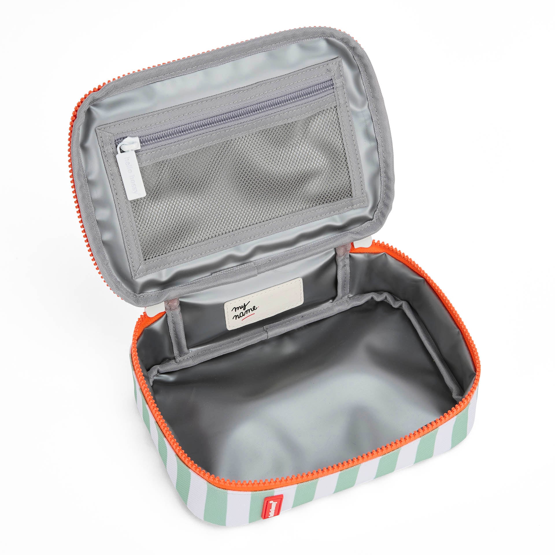 Borsa merenda per bambini a righe verdi, interno grigio, zip arancione Hello Hossy