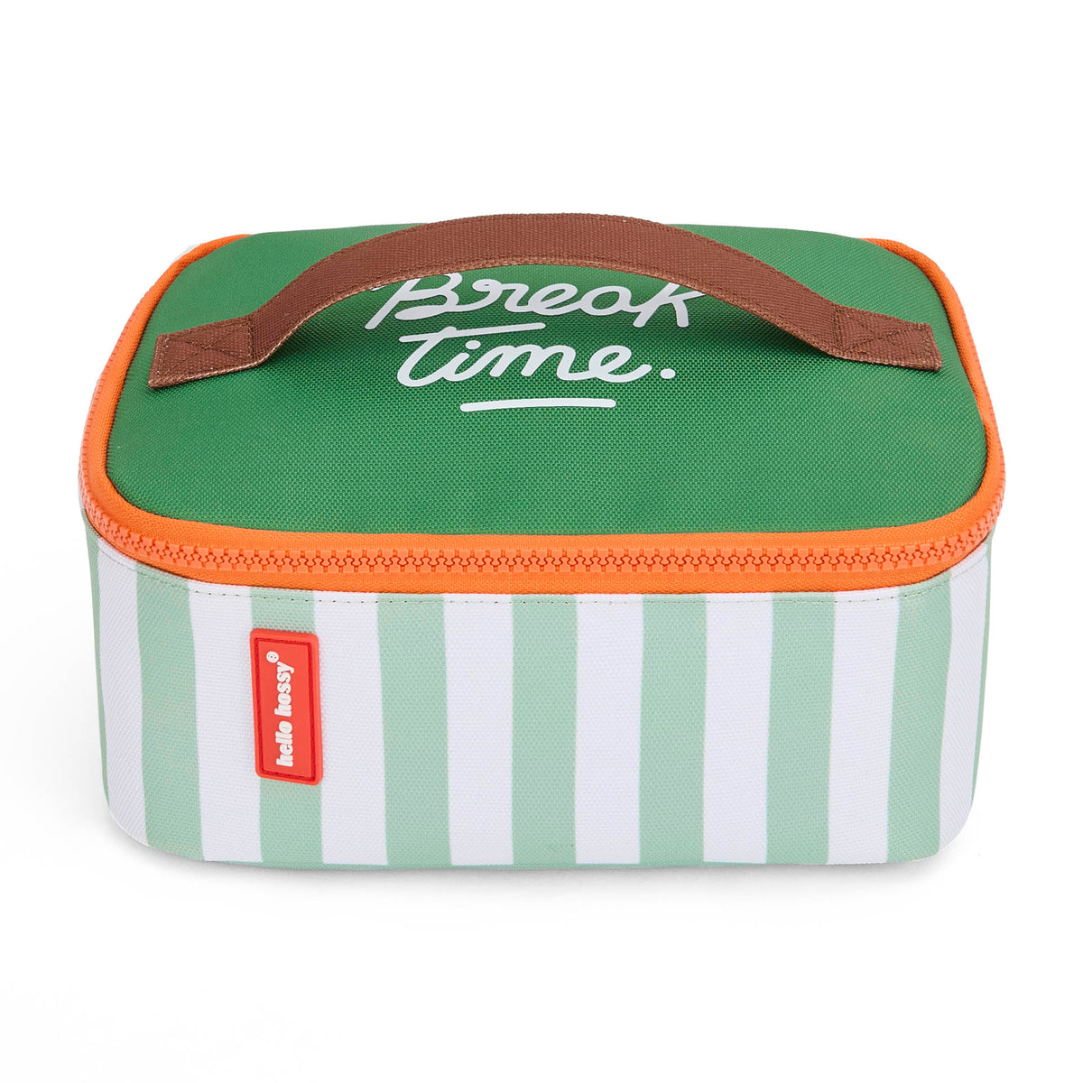 Borsa pranzo bambino a righe verde zip arancione manico marrone Hello Hossy
