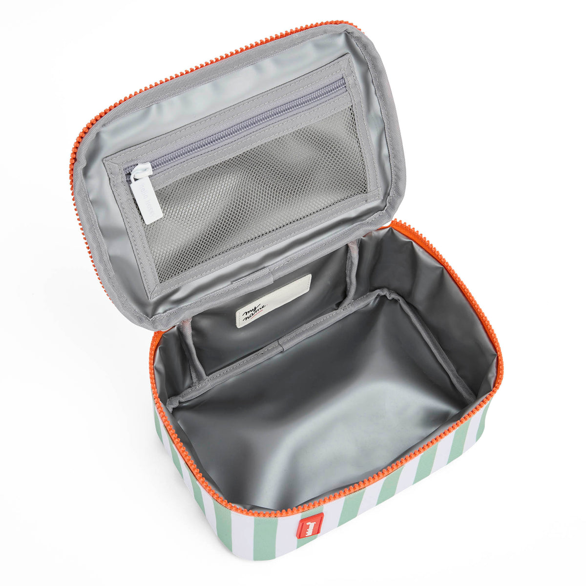 Borsa pranzo per bambini a righe verdi, zip arancione, interno con scomparto Hello Hossy
