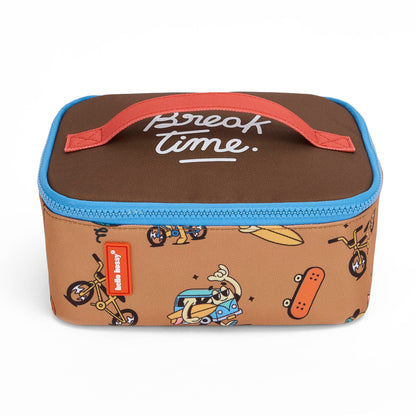 Borsa pranzo bambino marrone motivo mascotte bicicletta zip blu manico arancione Hello Hossy