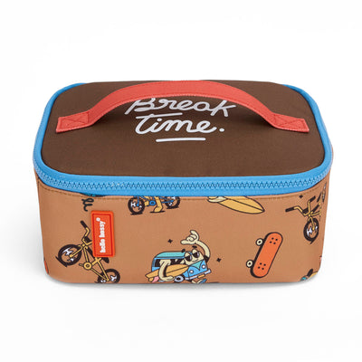Borsa pranzo bambino marrone motivo mascotte bicicletta zip blu manico arancione Hello Hossy