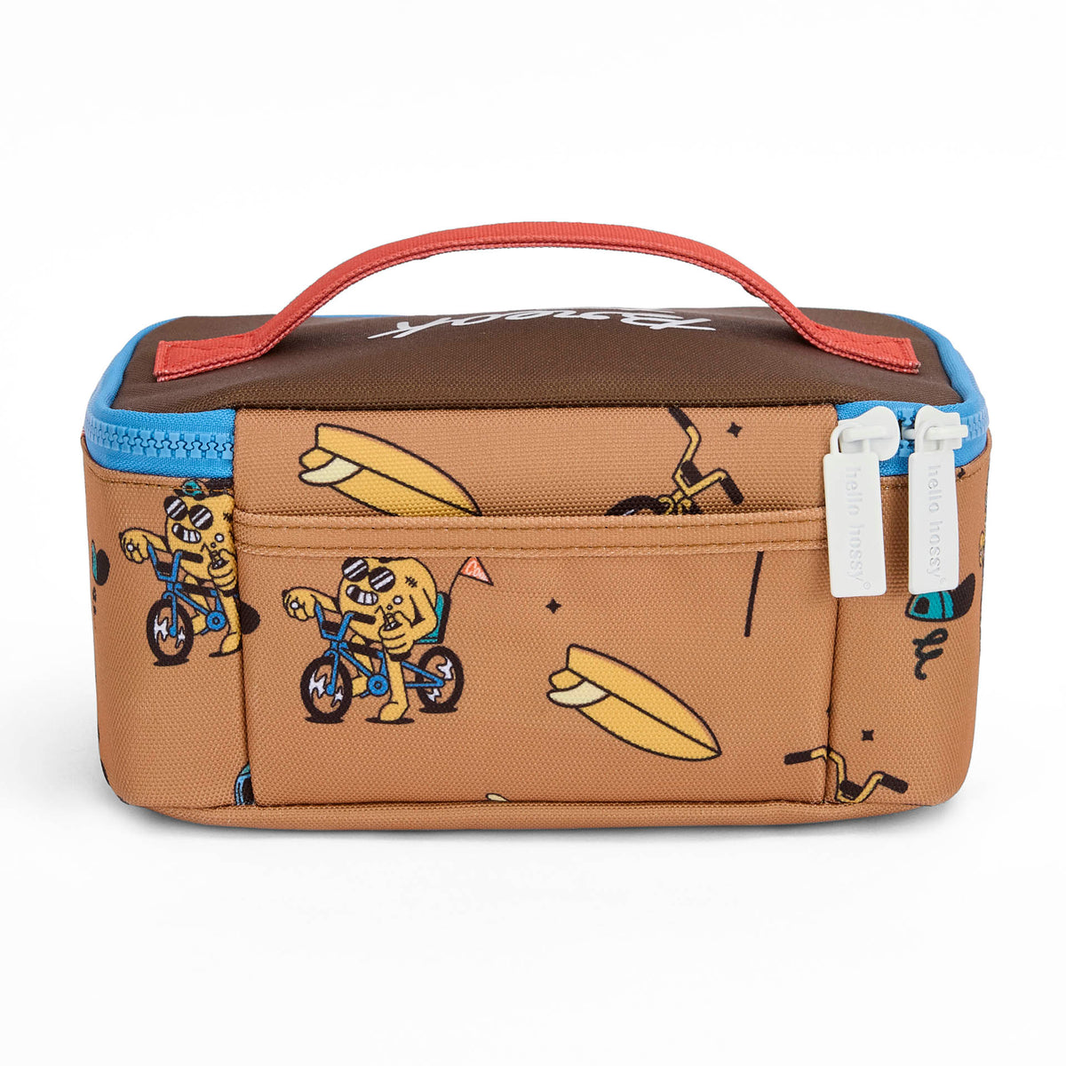 Borsa pranzo bambino marrone motivi Mascotte bicicletta doppia zip Hello Hossy