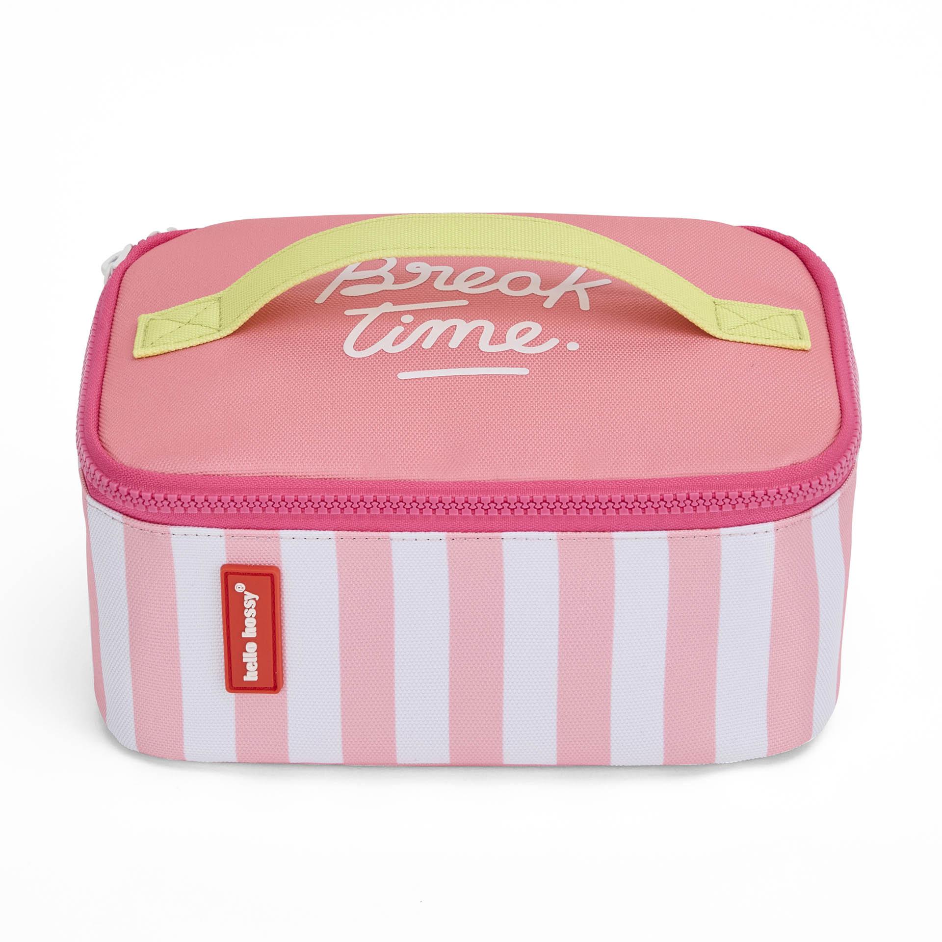 Borsa pranzo bambino a righe rosa manico giallo scritta Hello Hossy
