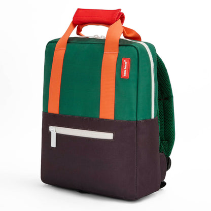 Zaino per bambini verde con tasca frontale con zip e manici arancioni Hello Hossy