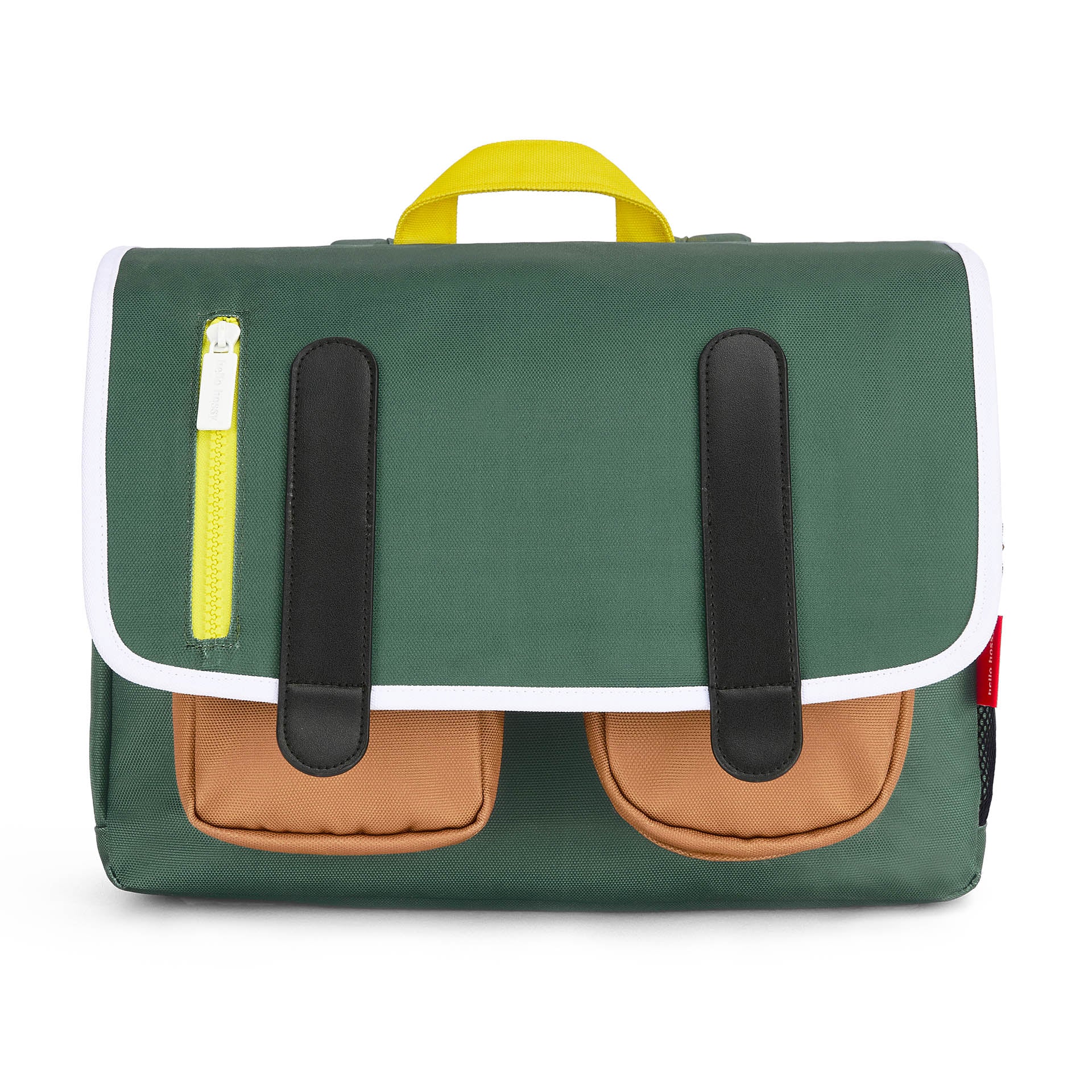 Cartella scolastica bambino verde con tasche marroni e chiusura gialla Hello Hossy