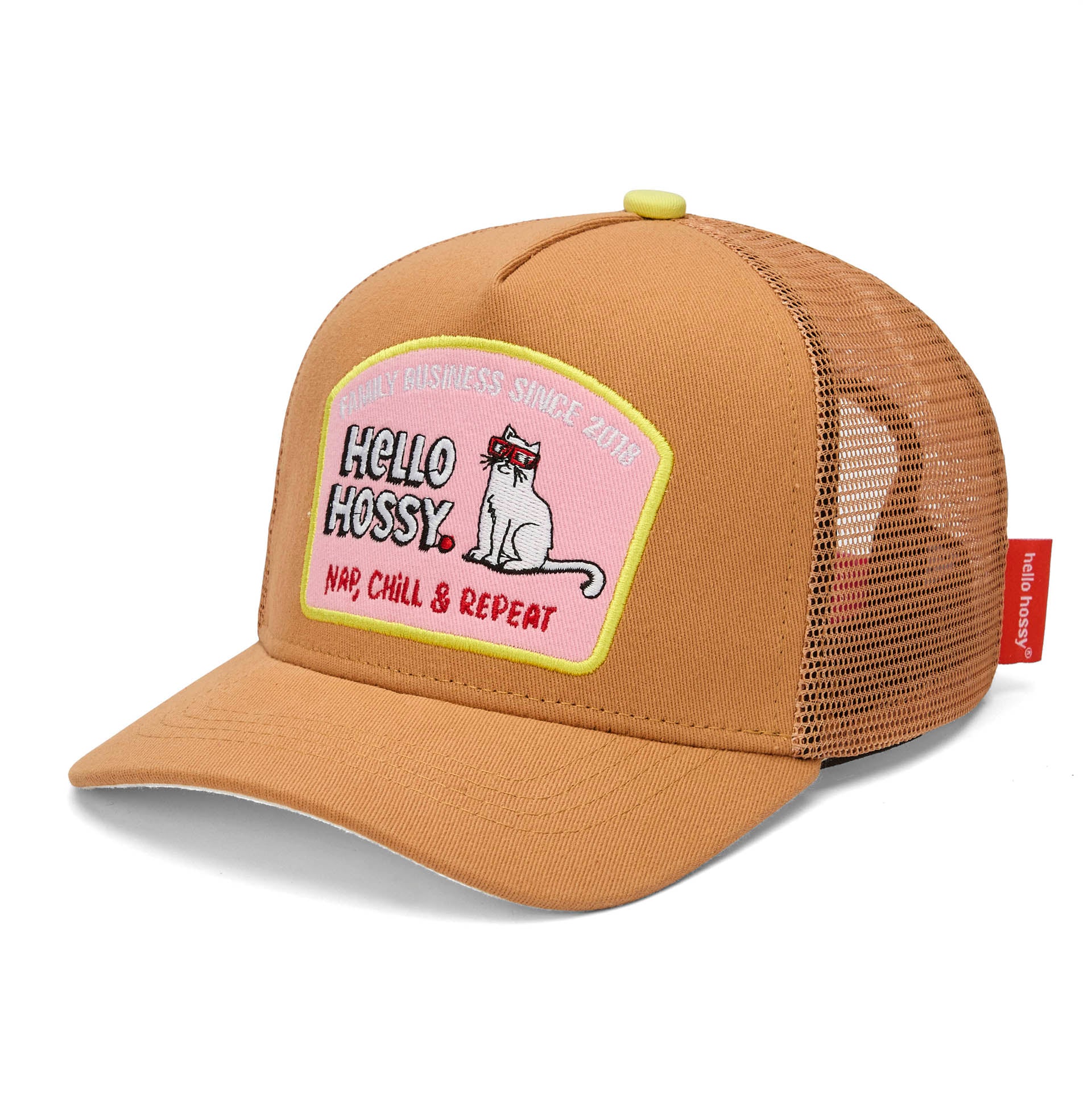 Cappellino bambino marrone con visiera curva e patch gatto Hello Hossy