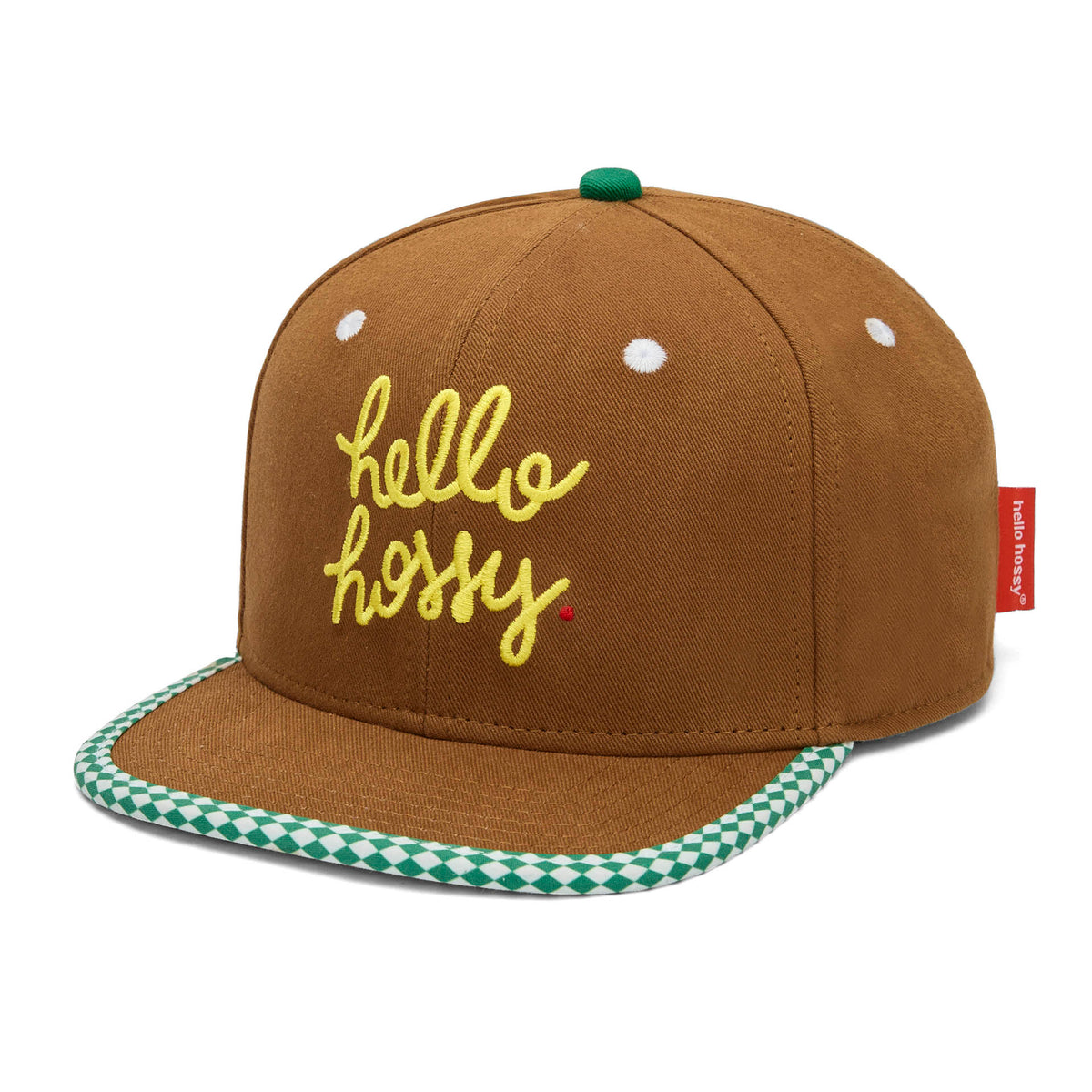 Cappellino bambino marrone con visiera piatta a scacchi verdi Hello Hossy