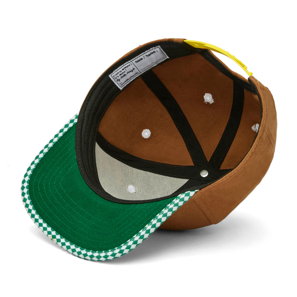 Cappellino bambino marrone visiera verde a quadri bianchi regolabile Hello Hossy