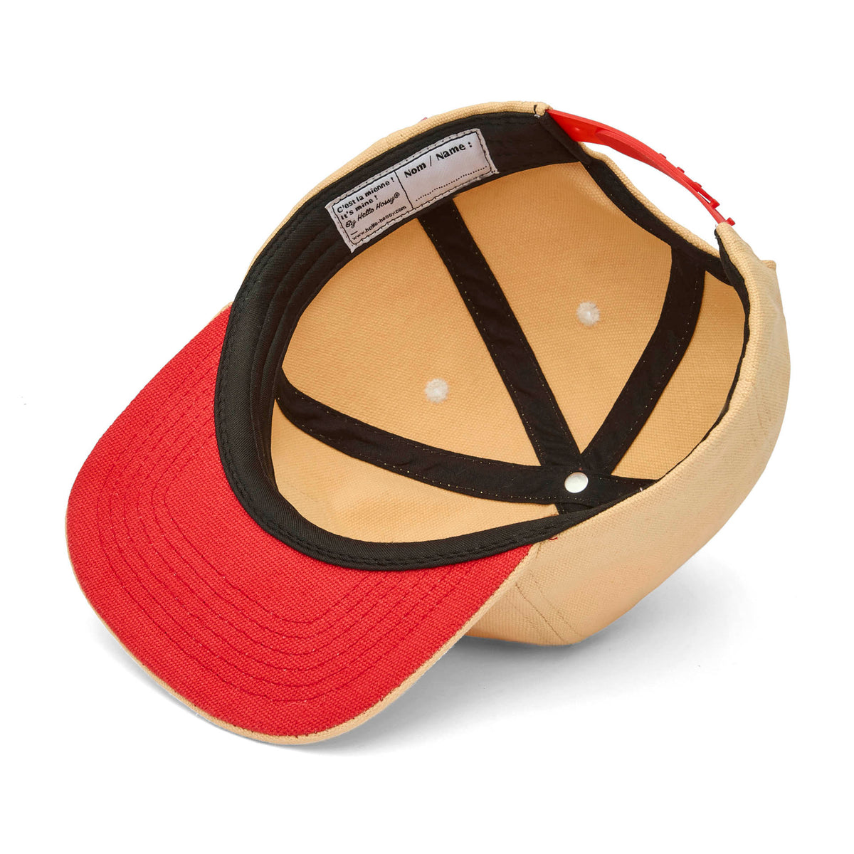 Cappellino per bambini color crema, stampato a fiori, visiera piatta rossa Hello Hossy