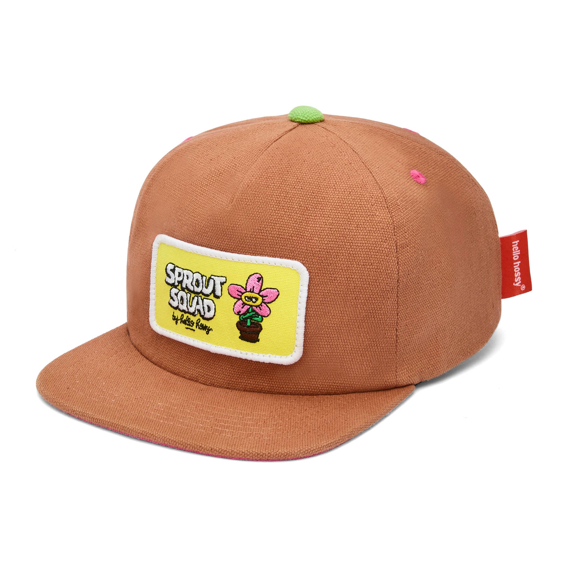 Cappellino bambino marrone patch fiore rosa bottone verde Hello Hossy