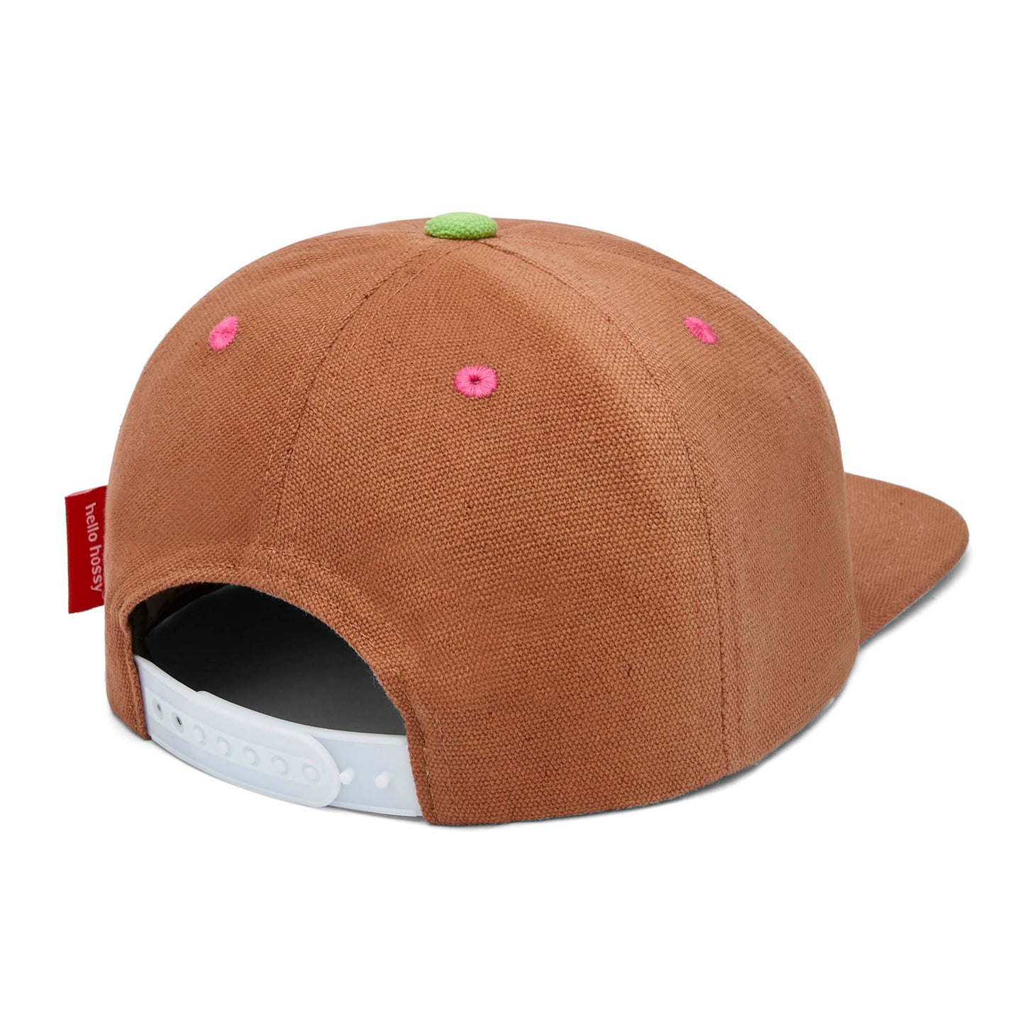 Cappellino bambino marrone con dettagli rosa e verdi, visiera piatta Hello Hossy