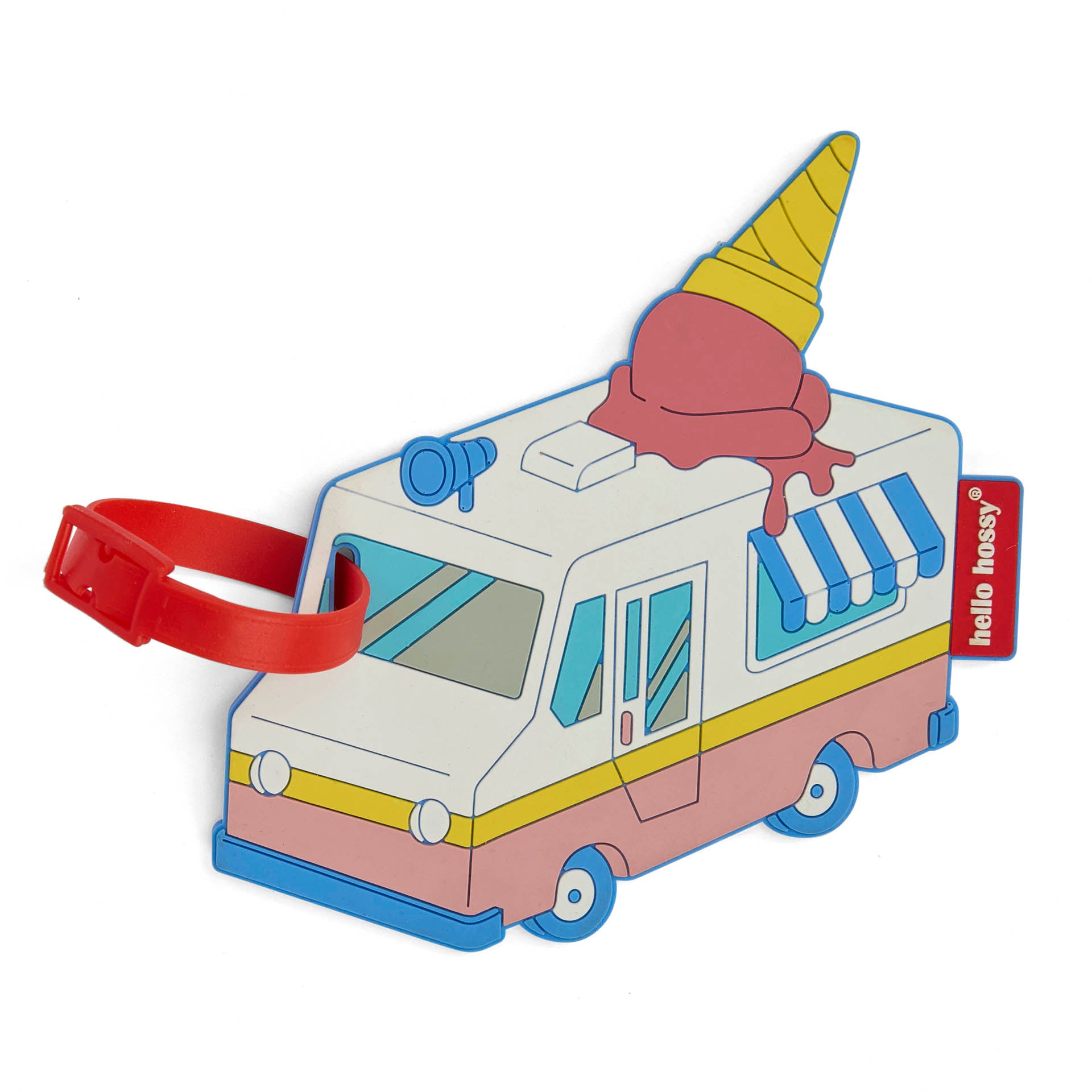 Etichetta per valigia bambino bianca motivo auto furgoncino dei gelati cinturino rosso Hello Hossy