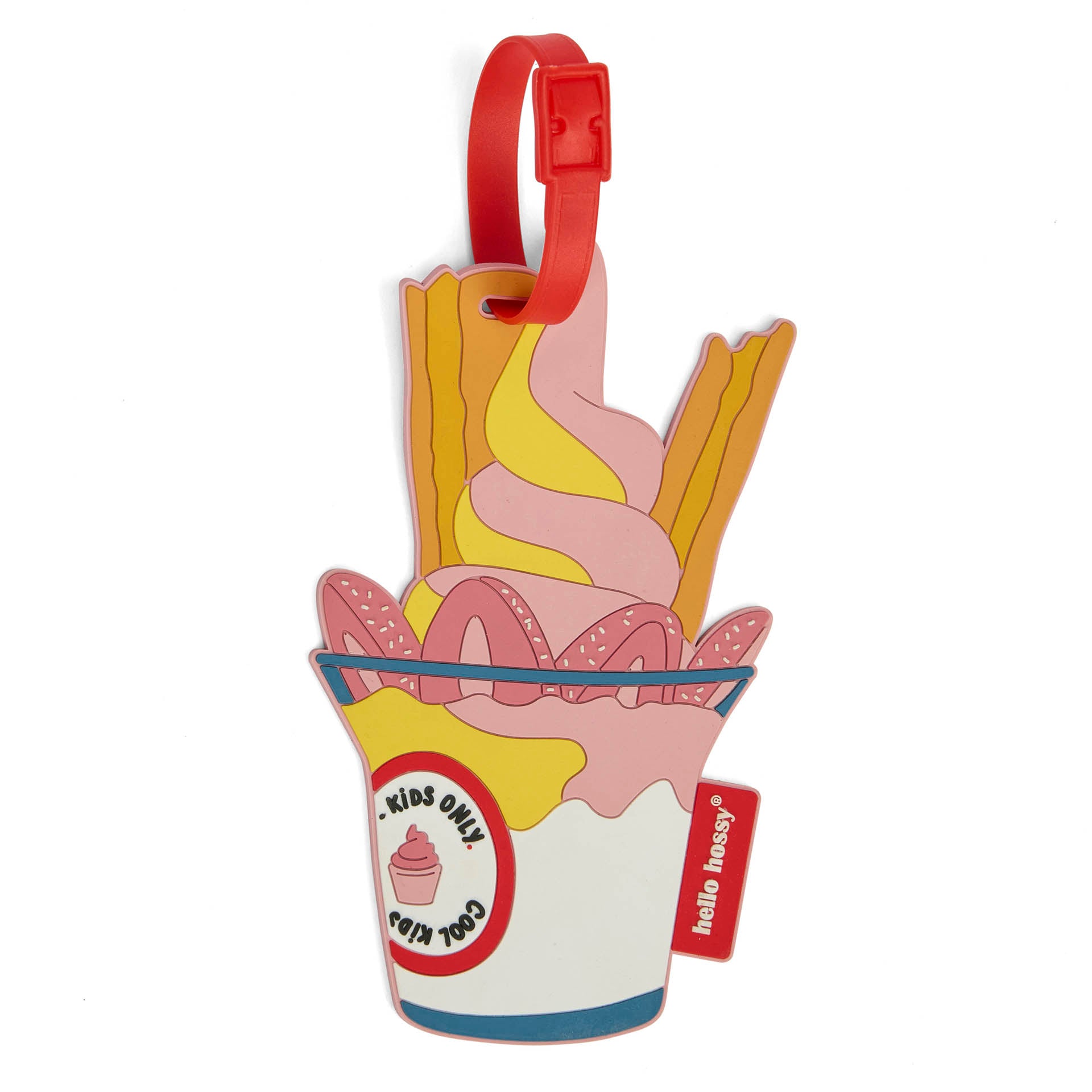 Etichetta per valigia rosa per bambini con motivo gelato, tracolla rossa Hello Hossy