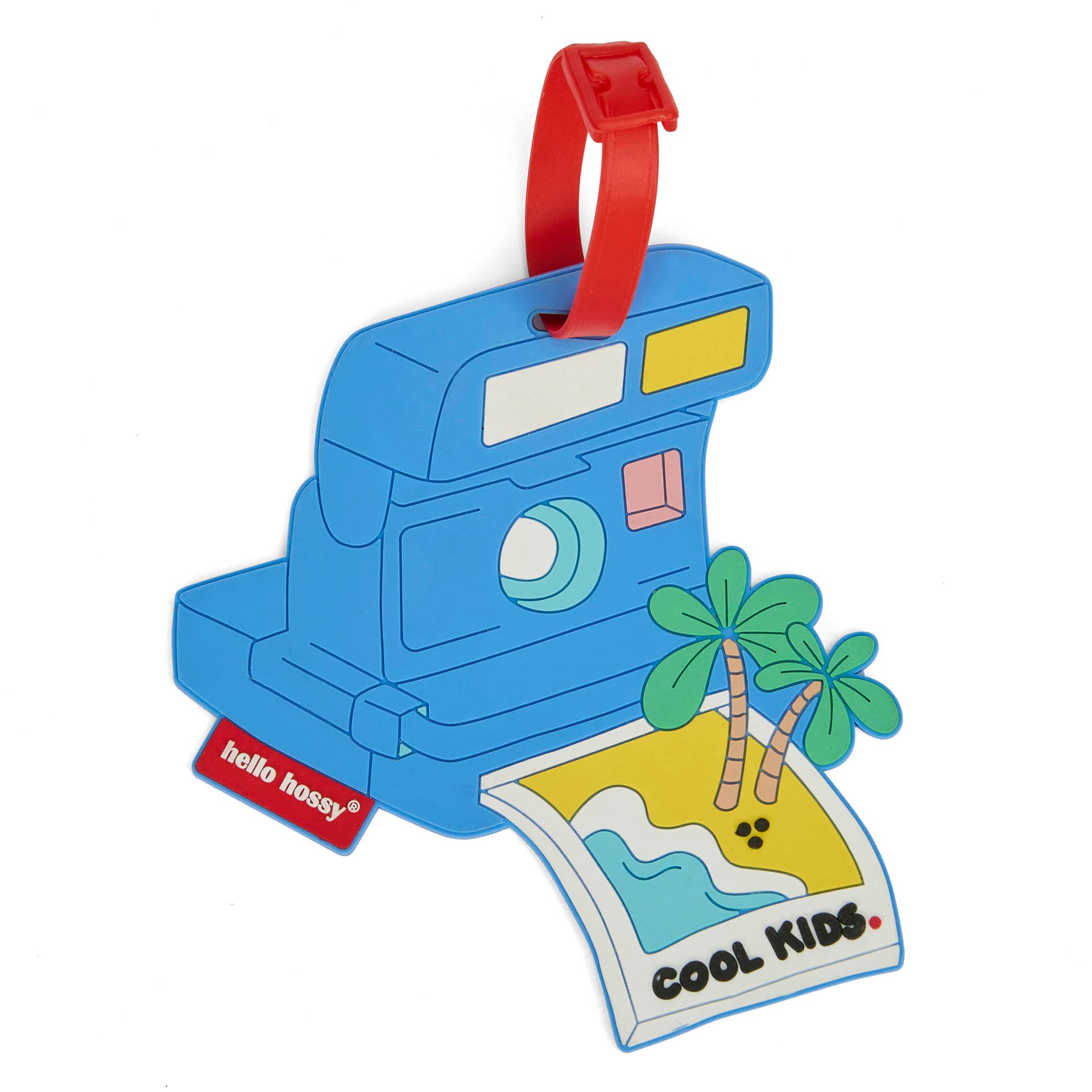 Etichetta per valigia per bambini blu a forma di fotocamera, manico rosso, foto da spiaggia Hello Hossy
