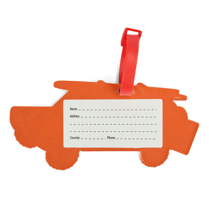 Etichetta per valigia per bambini arancione a forma di auto con cinghia rossa Hello Hossy