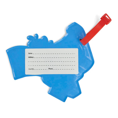 Etichetta per valigia per bambini blu con cinghia rossa e spazio per l'indirizzo Hello Hossy