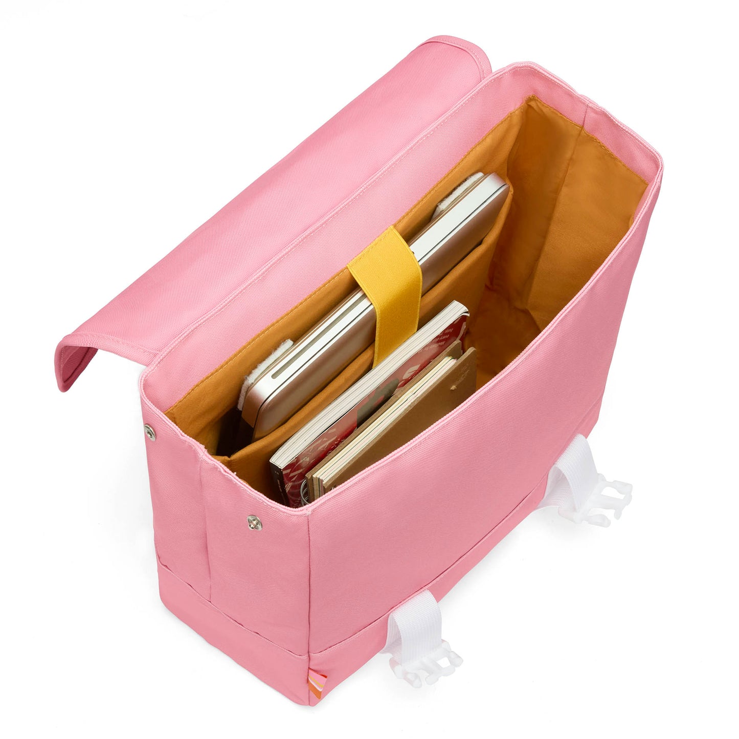 Zaino bambino rosa aperto con libri e interno giallo Hello Hossy