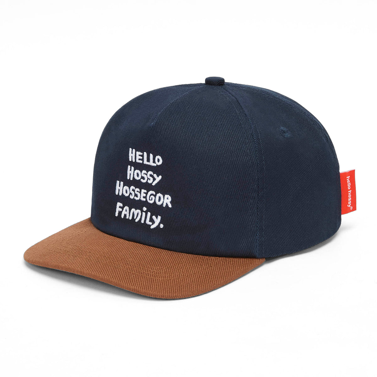 Cappellino bambino blu marrone ricamo testo visiera curva Hello Hossy