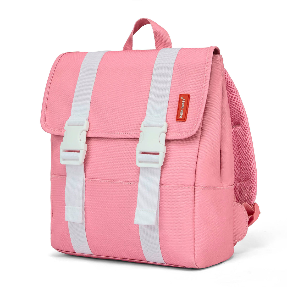 Zaino per bambini rosa con cinghie bianche e chiusura a clip Hello Hossy