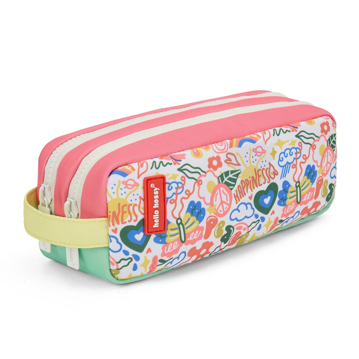 Astuccio scolastico per bambini bianco verde con stampa arte fiori e doppia zip Hello Hossy