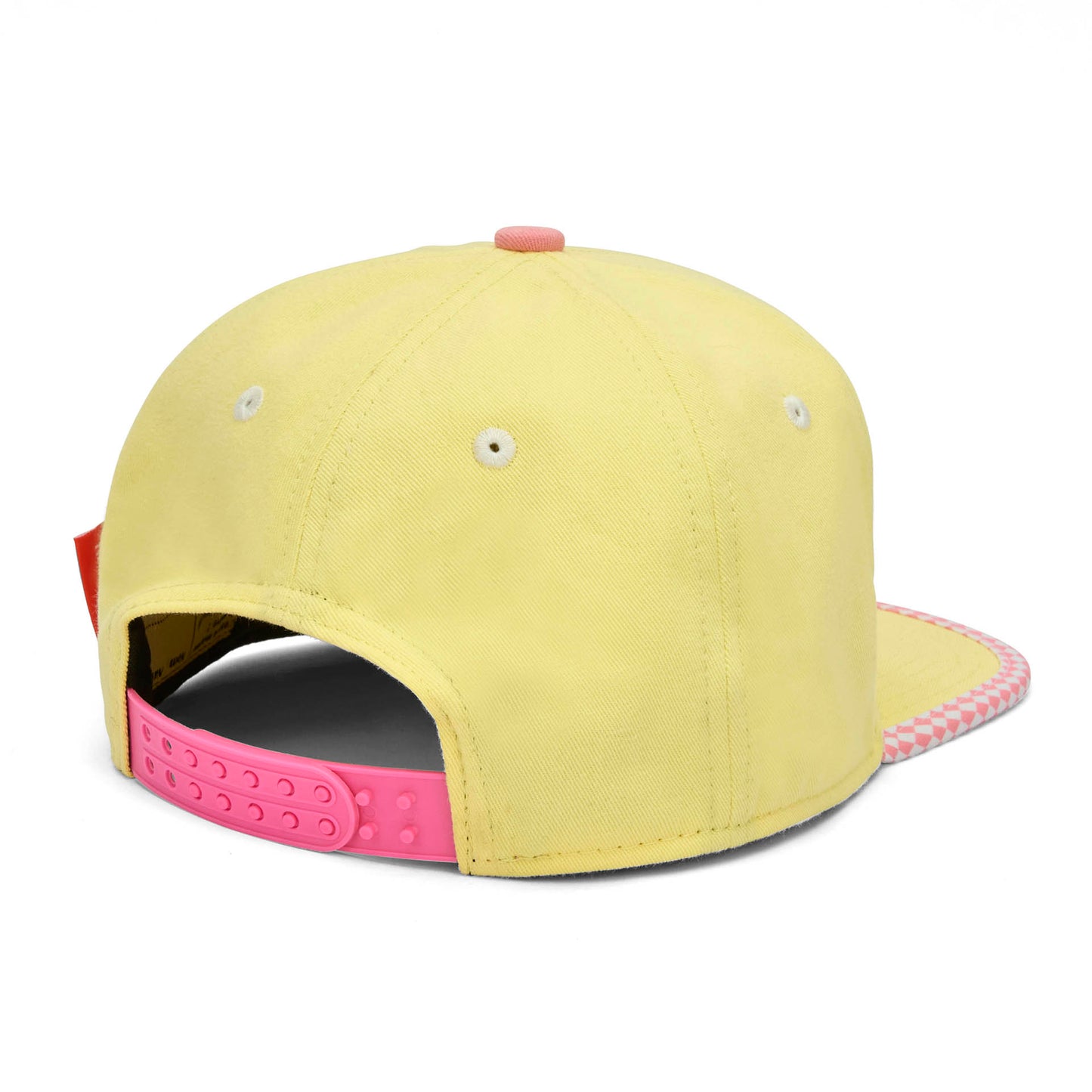 Cappellino giallo per bambini con visiera piatta e bottone rosa regolabile Hello Hossy