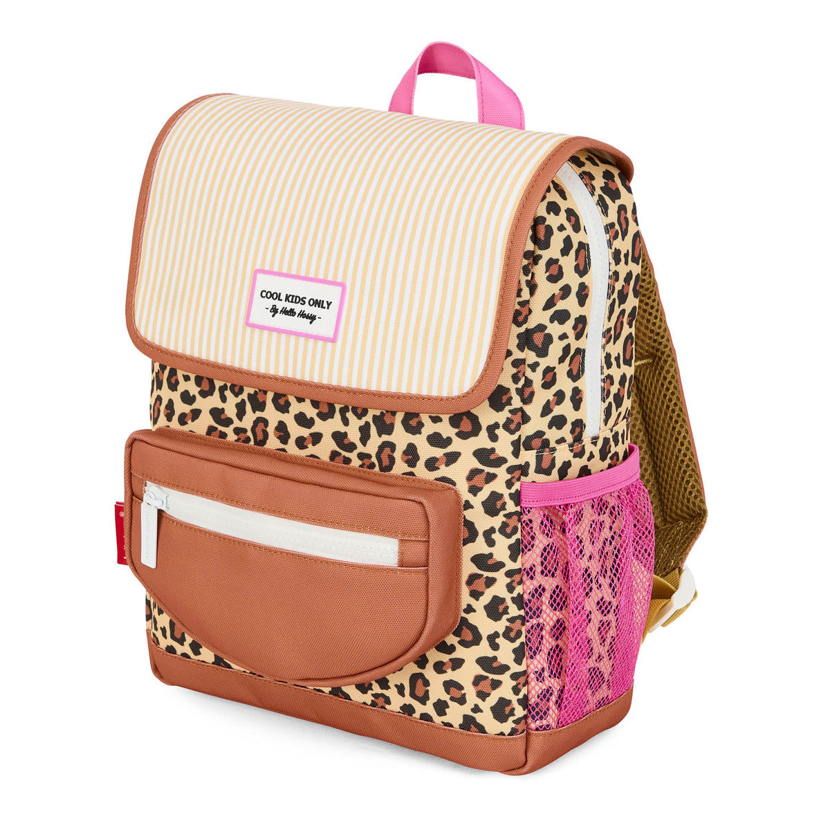 Zaino bambino beige stampato leopard tasca in pelle rete rosa Hello Hossy